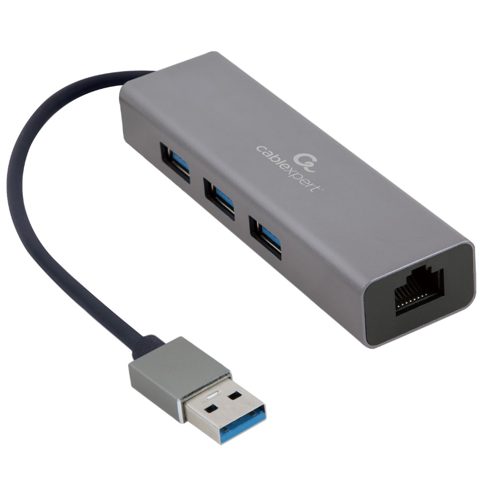 Verkkosovitin USB-RJ45 + 3xUSB, Gigabit, USB 3.0, Plug-&-Play