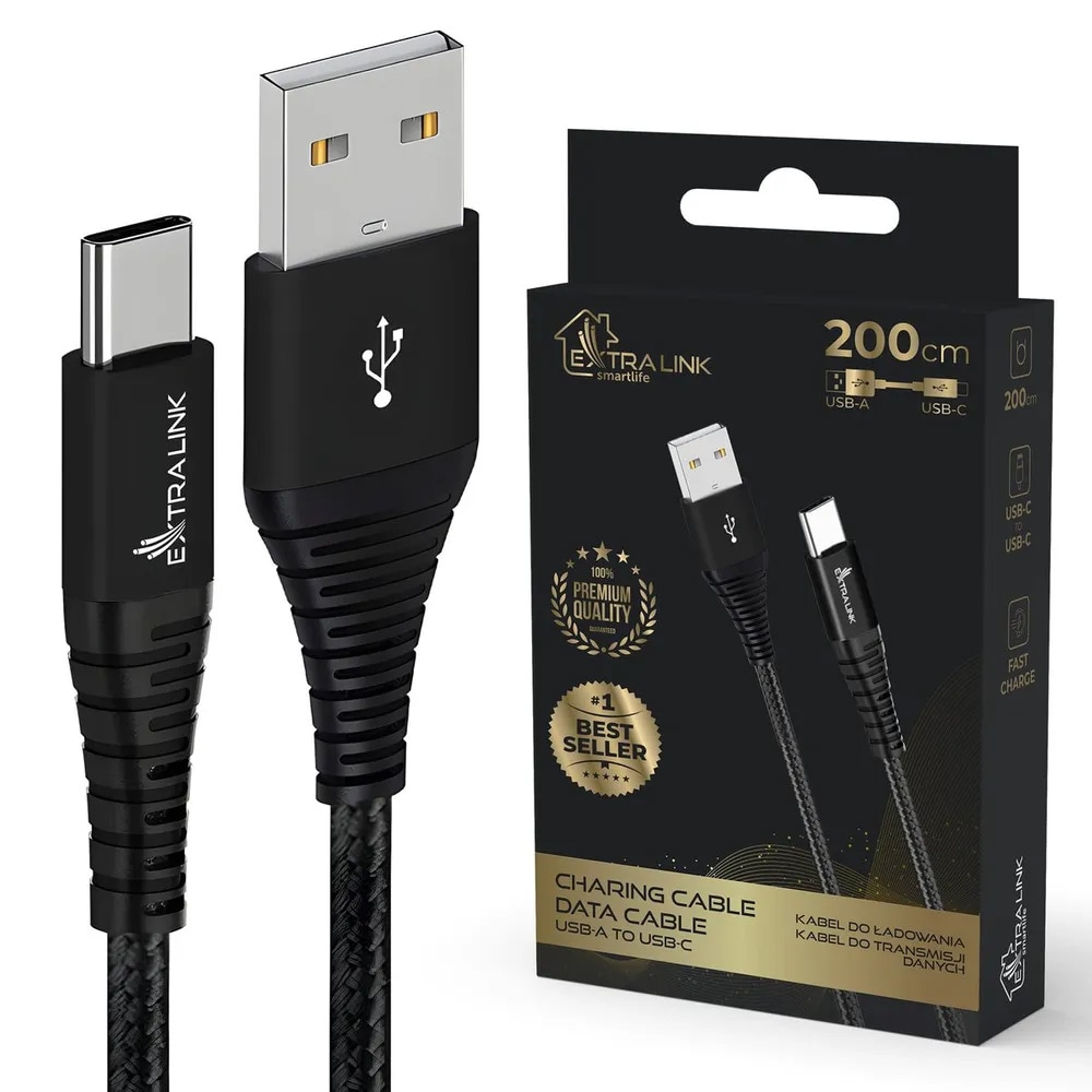 Extralink Smart Life USB-kaapeli USB-C 3A 2m - musta - USB-C 3A 2m - musta