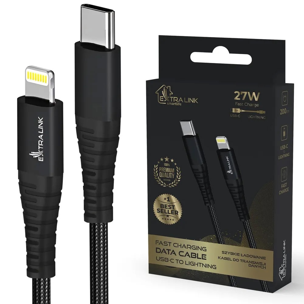 Extralink Smart Life USB-kaapeli USB-C Lightning 27W 2m - musta