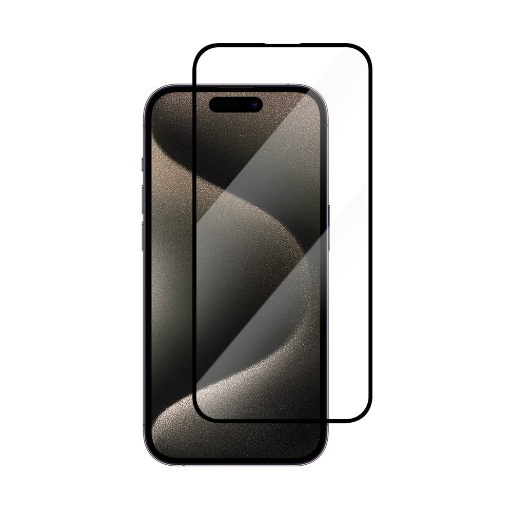 Karkaistu näytönsuoja mustalla kehyksellä iPhone 15 Pro Max -puhelimelle