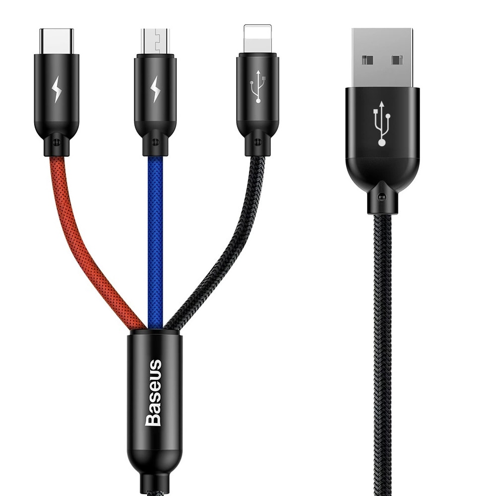 3in1 USB-kaapeli USB microUSB / Lightning / USB-C 3.5A 30cm 30cm