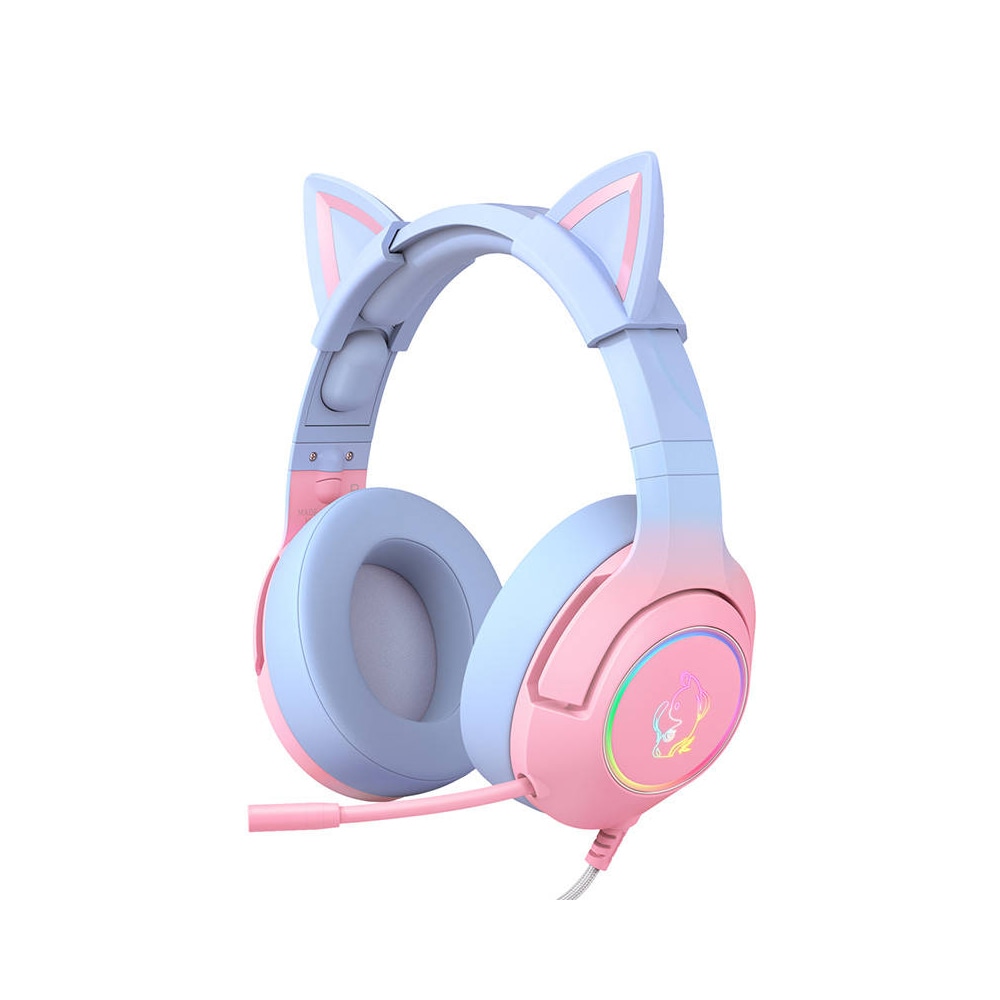 Onikuma Gaming Headset RGB, jossa on kissakorvat ja säädettävä mikrofoni - vaaleanpunainen/sininen