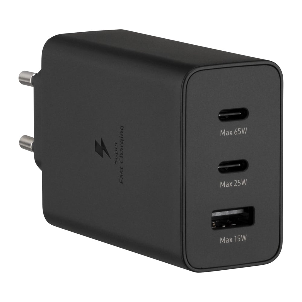 Samsung Power Adapter Trio 65W EP-T6530, jossa on kolme porttia