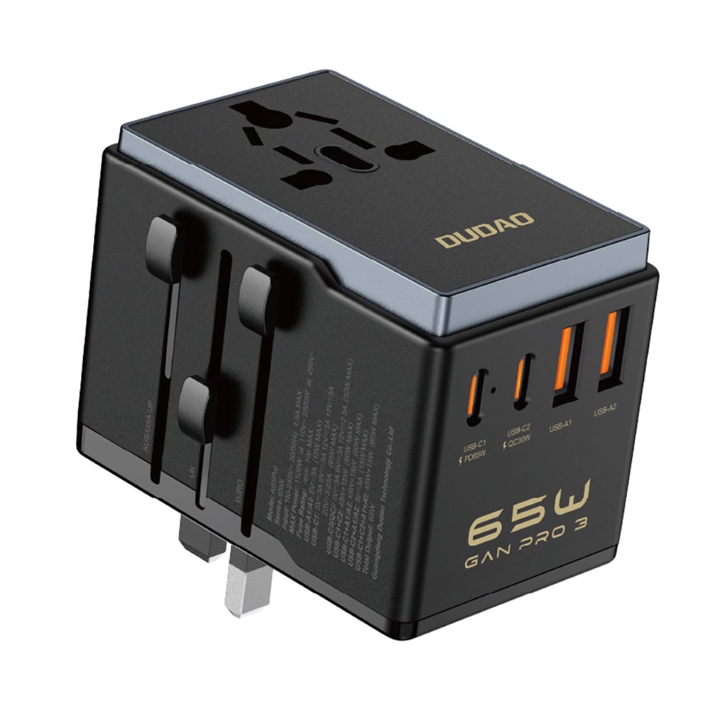 Dudao Travel Adapter 65W EU/US/JP/AUS/UK 2x USB-C 2x USB-A - musta