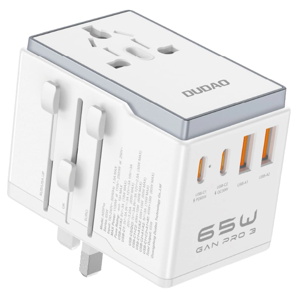 Dudao Travel Adapter 65W EU/US/JP/AUS/UK 2x USB-C 2x USB-A - Valkoinen