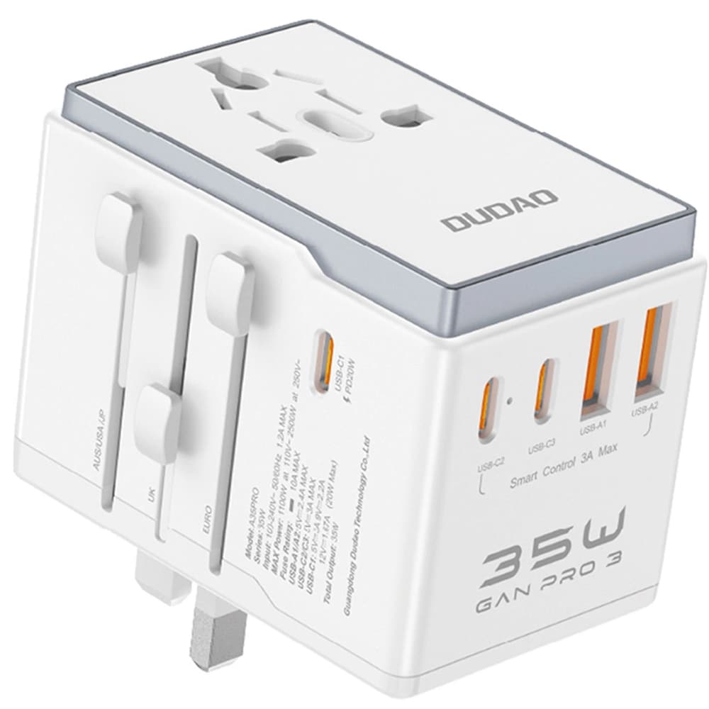 Dudao Travel Adapter 35W EU / UK / AUS / US / JP 3x USB-C 2x USB-A - Valkoinen