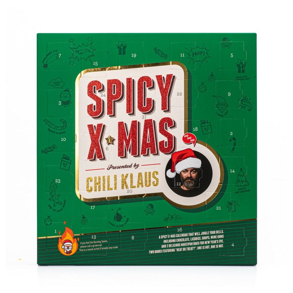 Chilli Klaus Spicy X-mas adventtikalenteri chilimakeisilla ja herkuilla varustettuna