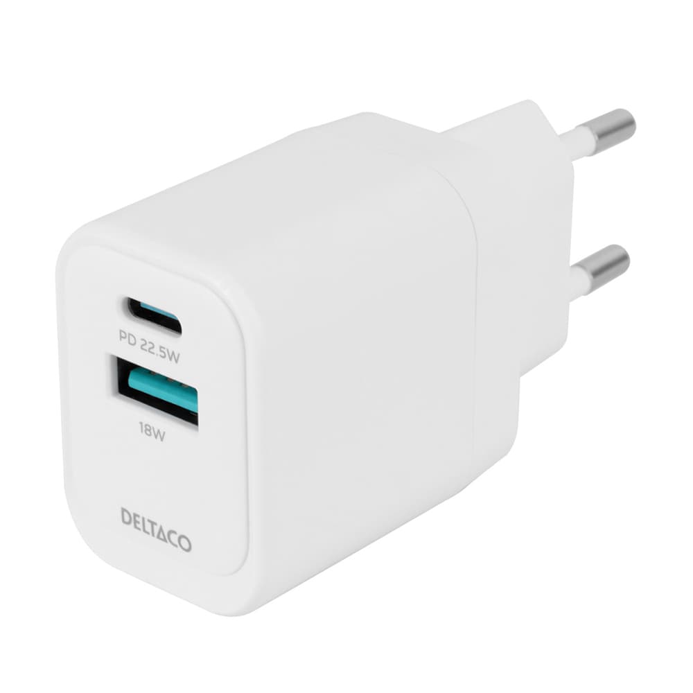 Deltaco Seinälaturi, jossa 1xUSB 18W ja 1xUSB-C PD 20W