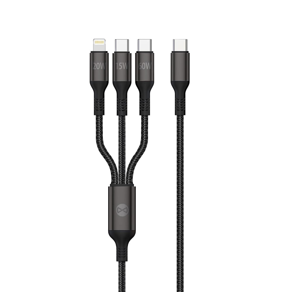 Forever 3in1 USB-kaapeli, USB-C Lightning + 2x USB-C 1,2 m 60W - Svart